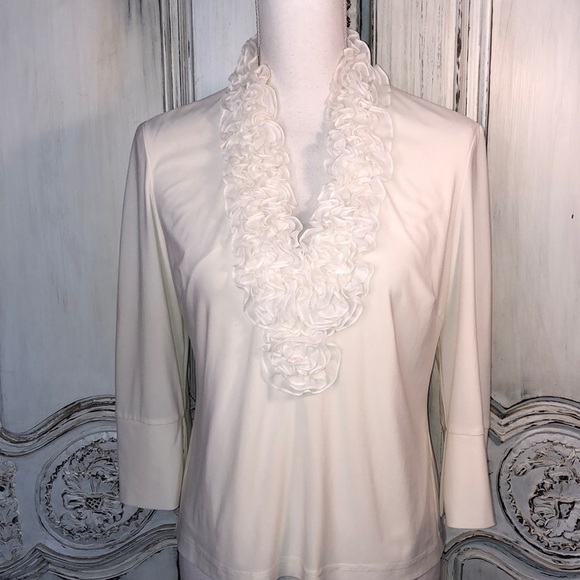 Andre’ Oliver Jersey Knit Multi Layered Ruffle Neckline Mid Sleeve Popover Top - Picture 1 of 11